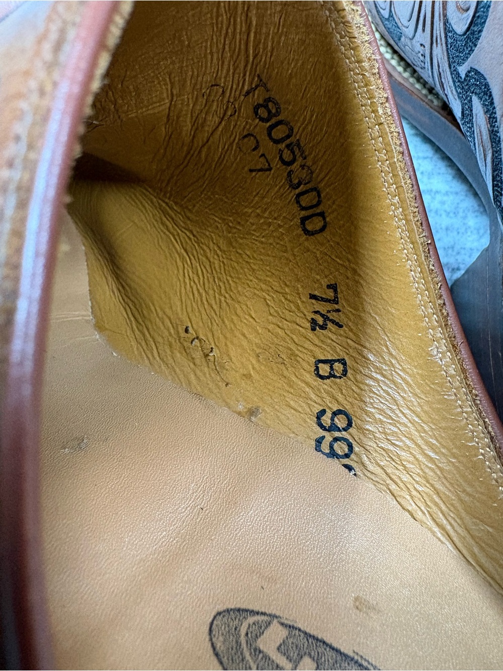 Vintage Lucchese Leather Tooled Western Mules Brown Black Square Toe Block Heel - Picture 9 of 10